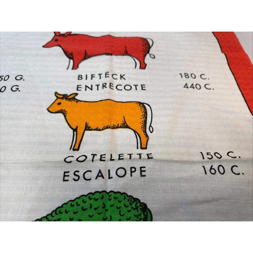VTG French Tea Towel MCM Cuts of Meat Oddity Kitchen Butcher Calorie Rare Cotton
